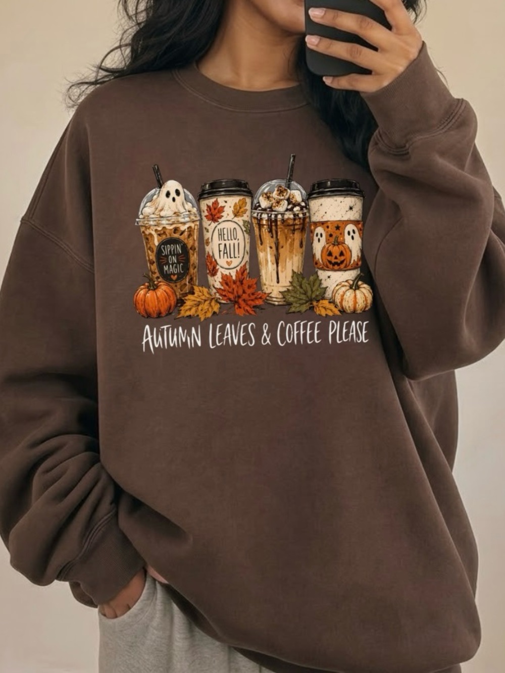 Autumn Leaves & Coffee Please Aesthetic Fall Season Graphic Sweatshirt